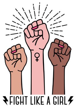 Kadın işaretiyle farklı feminist eller, kız gibi dövüş, feminizm konsepti, vektör illüstrasyonu