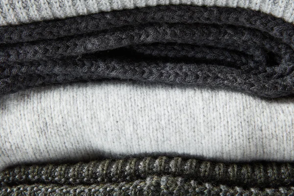 Stack Grey Knitted Clothes Close — Stock Photo, Image