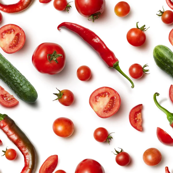 Red chili pepper, cucumber and tomato on white background . — Stock fotografie