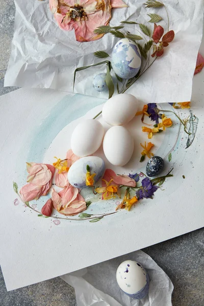 Яйца на бумаге с сушеными цветами — стоковое фото