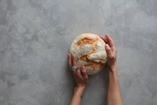 Женские руки, держащие круглый хлеб — стоковое фото