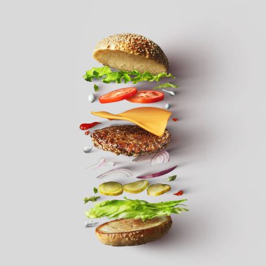 Üstten Görünüm beyaz arka planı temsil çizburger maddeler. Hamburger ya da sandviç peynir, domates, sığır eti, vb.
