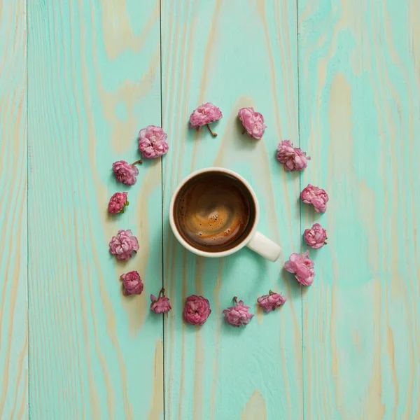 Morning coffee in floral round frame — Stock Photo, Image