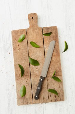 bıçak ve yeşil yaprakları ile kesme tahtası