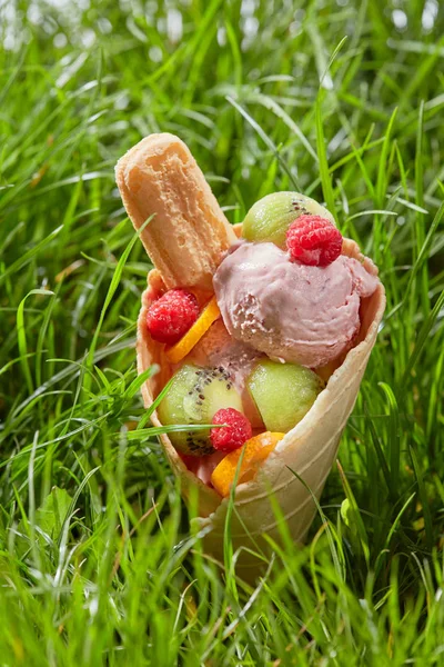 Helado en el cono de gofre en la hierba — Foto de Stock