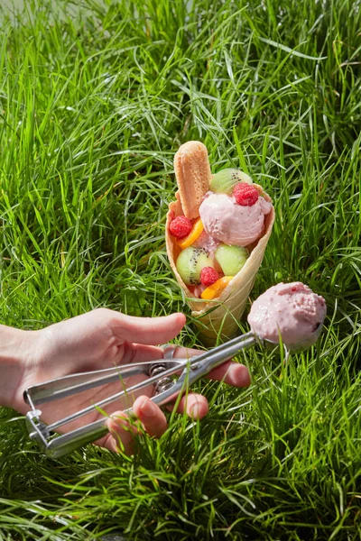 Рука тримає совок з морозивом — стокове фото
