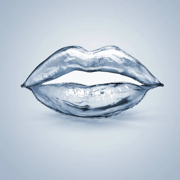 Χείλη Φτιαγμένα Από Νερό Ασήμι Βουτιά Γκρι Φόντο — Φωτογραφία Αρχείου