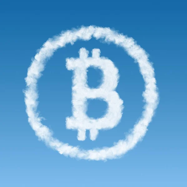Bitcoin Символ Білі Хмари Блакитному Тлі Віртуальні Гроші Концепцію — стокове фото