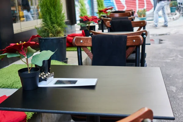 Tavolo Con Pianta Vaso Caffetteria Sulla Stradina Istanbul Turchia — Foto Stock