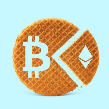 Bitcoin ve etherium üzerinde mavi arka plan, kavram cryptocurrencies Tema simgeleri ile waffle