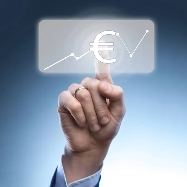 Zakenman Euro Valuta Pictogram Virtuele Financiële Scherm Aan Raken Een — Stockfoto