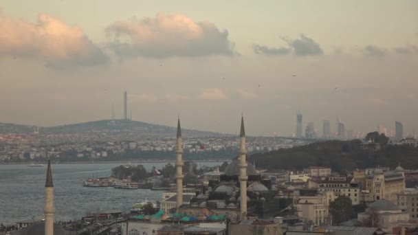 トルコ夕焼け空を飛んでいるカモメをイスタンブールの美しい町並みのパノラマ風景 ビデオ — ストック動画