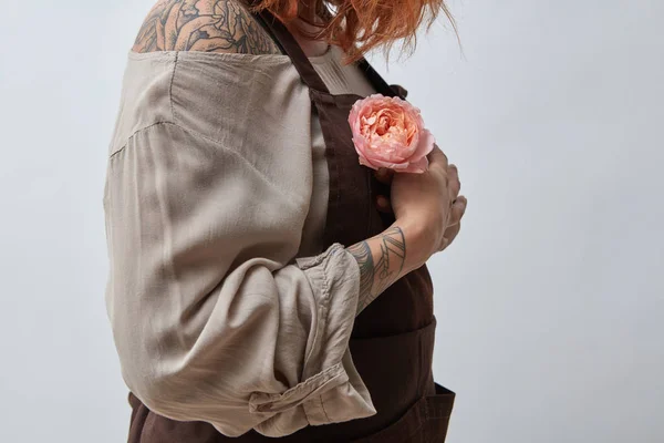 Przycięte Zdjęcie Pięknej Młodej Kobiety Fartuch Trzymając Jaskier Różowy Kwiat — Zdjęcie stockowe