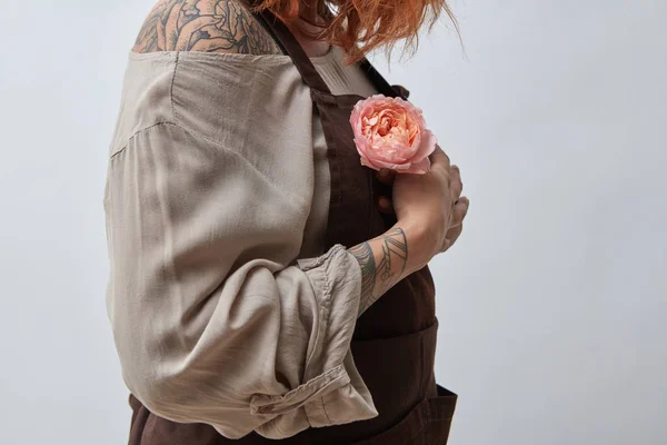 Foto Recortada Bela Jovem Mulher Avental Segurando Rosa Flor Ranúnculo — Fotografia de Stock