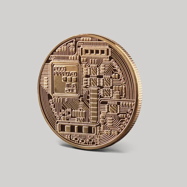 Reverso Bitcoin Moneda Sobre Fondo Gris Criptomoneda Blockchain Concepto — Foto de Stock