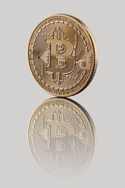 Bitcoin Κέρμα Πάνω Από Γκρίζο Φόντο Κρυπτονόμισμα Και Blockchain Έννοια — Φωτογραφία Αρχείου