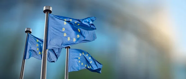 Waving Blue Flags European Union Bitcoin Currency Symbols Instead Stars — Stock Photo, Image