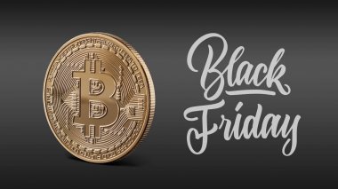 Bitcoin sikke üzerinde siyah arka plan ve Black Friday metin, cryptocurrency ve blockchain kavramı