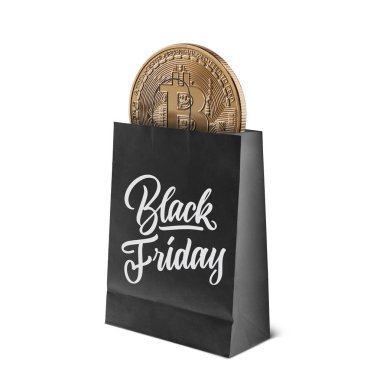 Bitcoin para alışveriş torbasında Black Friday metin, cryptocurrency ve blockchain kavramı ile