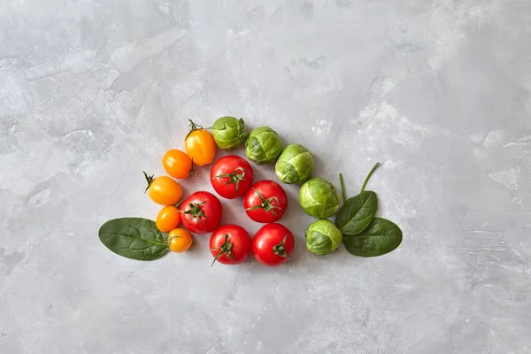 卷曲设计由新鲜的蕃茄和布鲁塞尔芽 菠菜叶子在灰色大理石背景 健康有机食物概念 — 图库照片