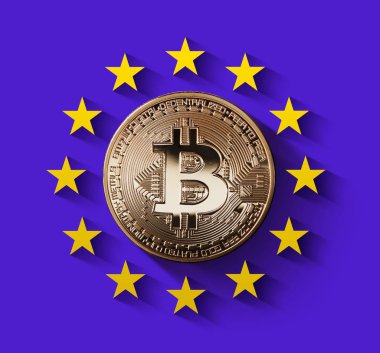 bitcoin altın madeni para ile Avrupa Birliği yıldız ultraviyole arka plan üzerinde. Cryptocurrency piyasa devlet düzenlenmesi için kavramsal görüntü