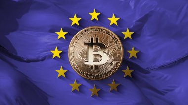 bitcoin altın madeni para ile Avrupa Birliği yıldız ultraviyole arka plan üzerinde. Cryptocurrency piyasa devlet düzenlenmesi için kavramsal görüntü