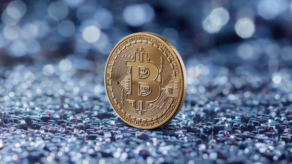 Bitcoin Mynt Över Blå Bakgrund Kryptovaluta Och Blockchain Koncept — Stockfoto