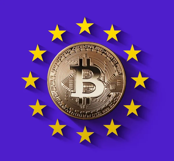 Bitcoin Złote Monety Gwiazdami Unii Europejskiej Tle Promieniowania Ultrafioletowego Obraz — Zdjęcie stockowe
