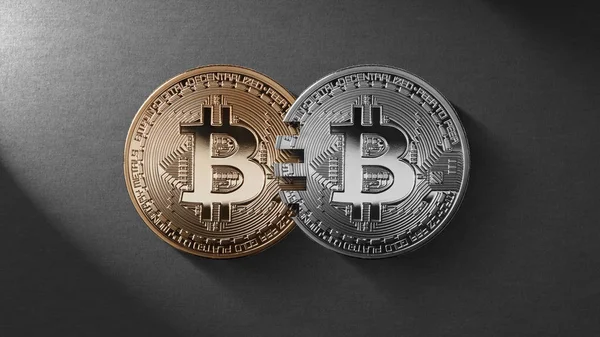 Bitcoin Monedas Oro Plata Sobre Fondo Gris Criptomoneda Blockchain Concepto —  Fotos de Stock
