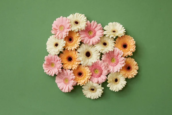 Sammansättning Färska Gerbera Blommor Grön Bakgrund Alla Hjärtans Dag Mors — Stockfoto