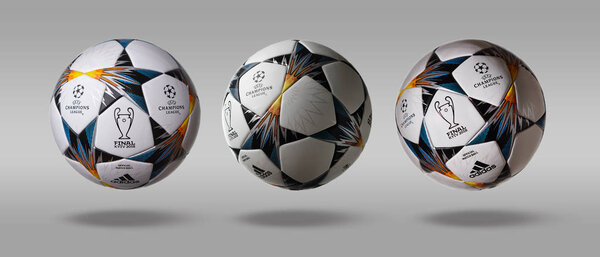 Kyiv, Ukraine - February 22, 2018: Three sides of Adidas official ball on which the stars are painted in blue and yellow colors, symbolizing the Ukrainian flag. Final of the Champions League-2018, which will be held in Kyiv