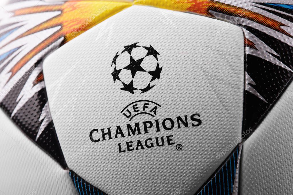 Kyiv, Ukraine - February 22, 2018: Official Adidas 2018 Champions League Final Soccer ball will be used for the first time in the round of the Champions League, which will be held on May 26, 2018 in Kyiv at the NSC Olympic stadium, close-up
