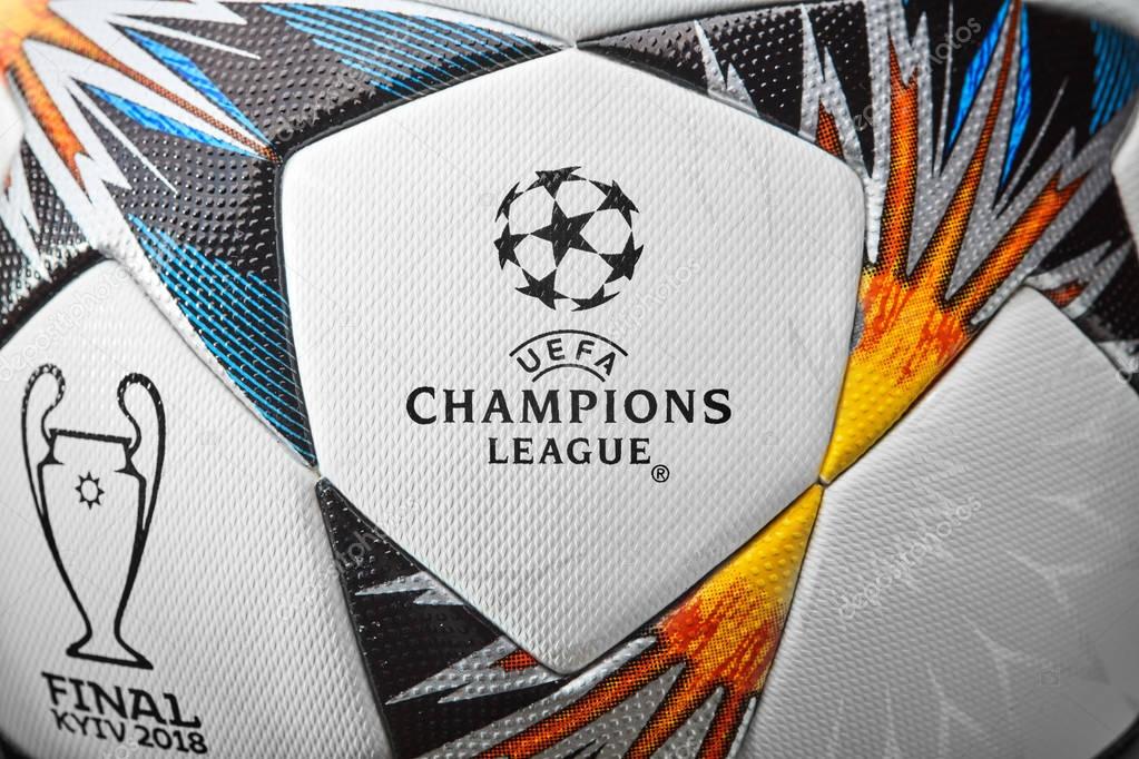 Kyiv, Ukraine - February 22, 2018: Uefa Champions League Match Ball. Adidas 2018 Champions League Final Soccer Ball will be used for the first the decisive match of the main club tournament of Europe will be held in Ukraine, the final of the Champion
