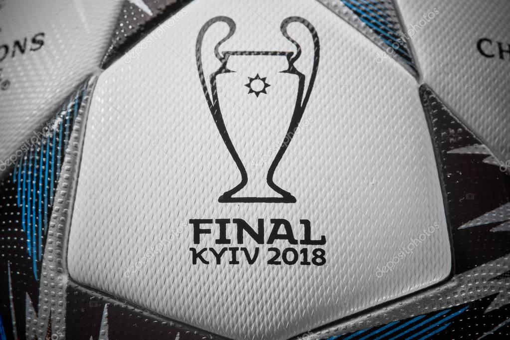 Kyiv, Ukraine - February 22, 2018: Official match ball of the UEFA Final Champions League, which will be held on May 26, 2018 in Kyiv, Ukraine at the NSC Olympic stadium, close-up