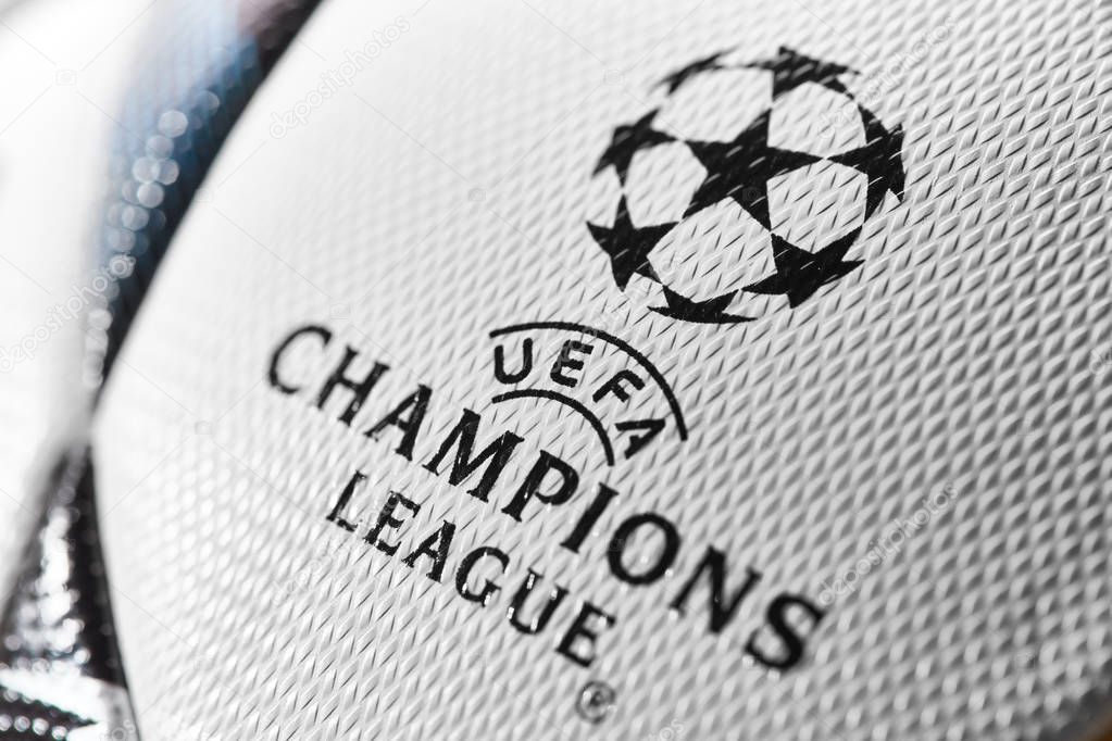 Kyiv, Ukraine - February 22, 2018: Official UEFA Champions League 2018 season ball (Adidas Final Kiev) during UEFA Champions League game at NSC Olimpiyskyi stadium on May 26, 2018 in Kyiv, Ukraine, close-up