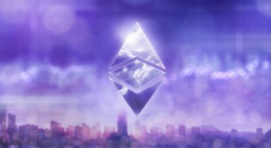 Ethereum simgesi ile modern bir şehir bir bulanık ultraviyole arka plan üzerinde gökyüzü bir yansımasıdır. İş, finans ve teknoloji kavramı, Ethereum cryptocurrency