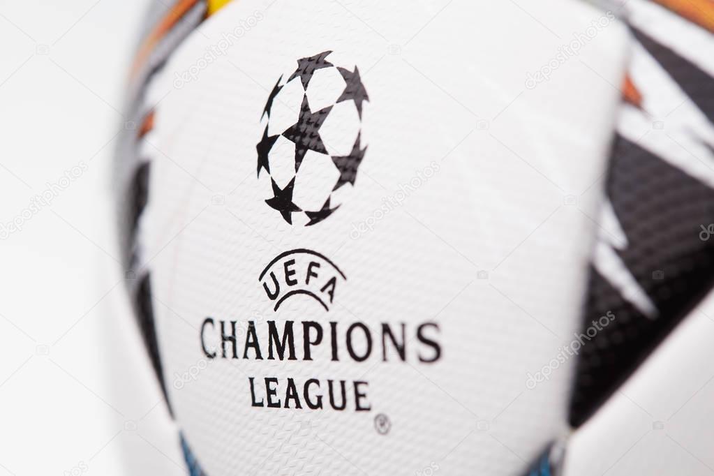 Kyiv, Ukraine - February 22, 2018: Official UEFA Champions League 2018 season ball (Adidas Final Kiev) during UEFA Champions League game at NSC Olimpiyskyi stadium on May 26, 2018 in Kyiv, Ukraine, close-up
