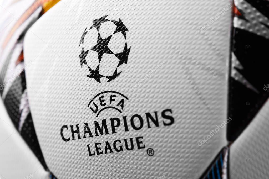 Kyiv, Ukraine - February 22, 2018: Official UEFA Champions League 2018 season ball (Adidas Final Kiev) during UEFA Champions League game at NSC Olimpiyskyi stadium on May 26, 2018 in Kyiv, Ukraine, close-up