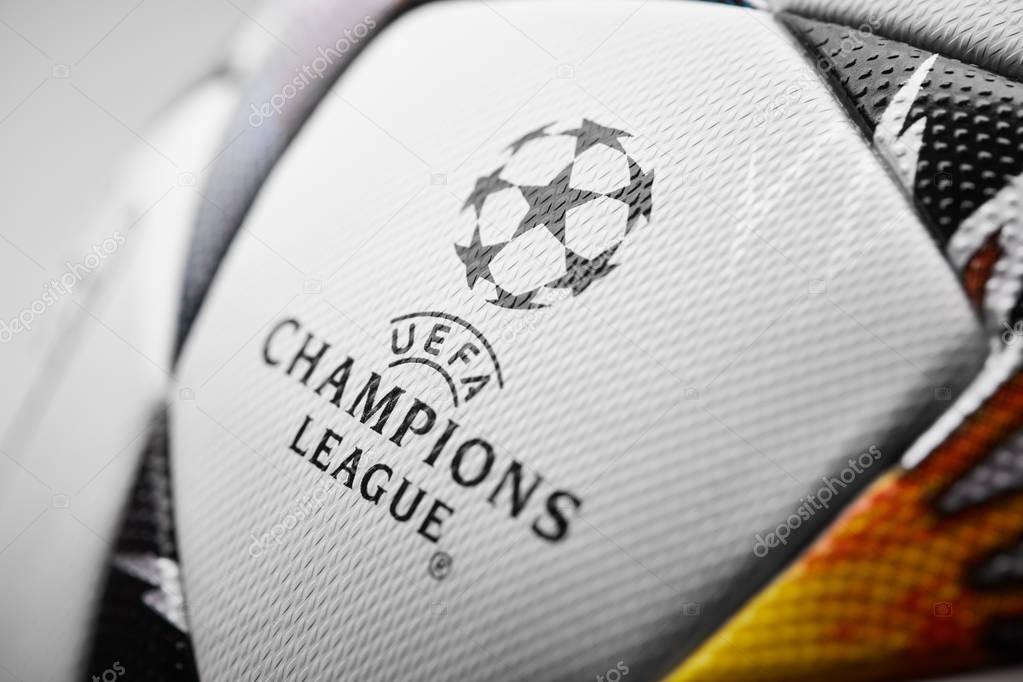 Kyiv, Ukraine - February 22, 2018: Official UEFA Champions League 2018 season ball (Adidas Final Kiev) during UEFA Champions League game at NSC Olimpiyskyi stadium on May 26, 2018 in Kyiv, Ukraine, close-up