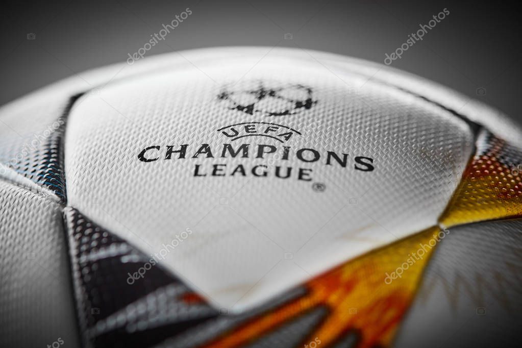 Kyiv, Ukraine - February 22, 2018: Official UEFA Champions League 2018 season ball (Adidas Final Kiev) during UEFA Champions League game at NSC Olimpiyskyi stadium on May 26, 2018 in Kyiv, Ukraine, close-up
