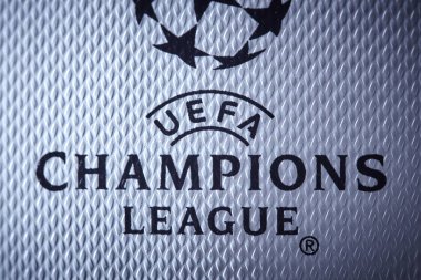 Kiev, Ukrayna - 22 Şubat 2018: Resmi Uefa Şampiyonlar Ligi 2018 sezon topu Milli Güvenlik Olimpiyskyi stadyum Uefa Şampiyonlar Ligi oyun üzerinde 26 Mayıs 2018 yılında Kiev, Ukrayna, yakın çekim sırasında