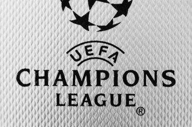 Kiev, Ukrayna - 22 Şubat 2018: Resmi Uefa Şampiyonlar Ligi 2018 sezon topu Milli Güvenlik Olimpiyskyi stadyum Uefa Şampiyonlar Ligi oyun üzerinde 26 Mayıs 2018 yılında Kiev, Ukrayna, yakın çekim sırasında