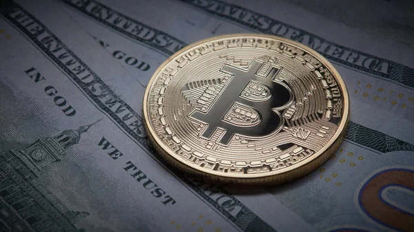 Bitcoin Metal Dourado Dólares Papel Conceito Economia Sombra — Fotografia de Stock