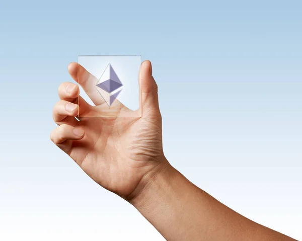 Male Hand Holding Transparent Screen Icon Etereum — Stock Photo, Image