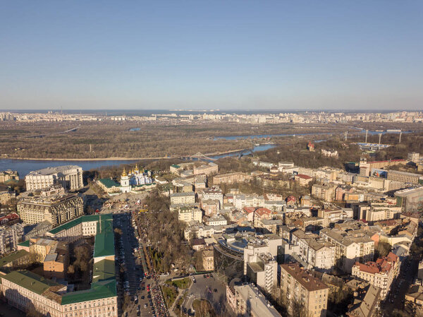 Aerial photo of architecture of Kyiv, Ministry of Internal Affairs and the Mikhailovsky Church, Ukraine
