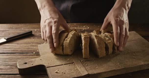 Man Shaping Loaf Sliced Fresh Bread Wooden Board Slow Motion — Stock Video