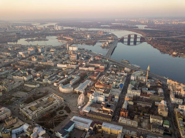 Vista Aérea Cidade Kiev Com Rio Dnieper Muitas Pontes Distrito — Fotografia de Stock