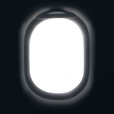 Beyaz arka plan, kopya alanı ile uçak pencere