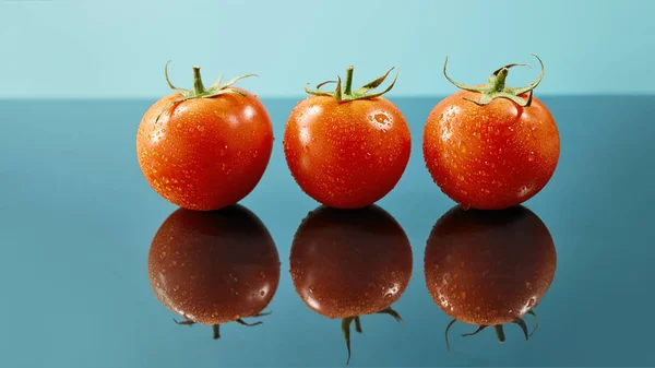 Three Fresh Ripe Tomatoes Blue Background — Stock Photo, Image