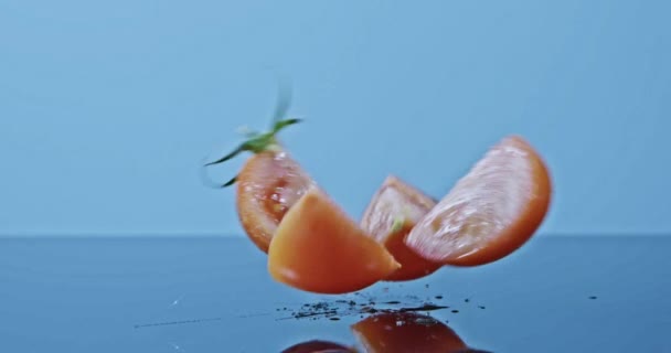 Färska Mogna Tomater Faller Bitar Våta Blå Bakgrund — Stockvideo